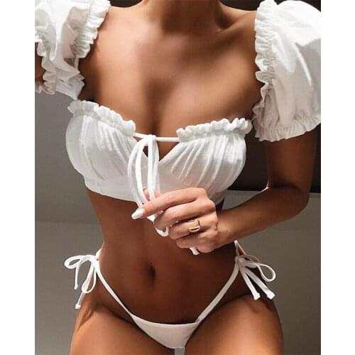 Women Bikini Set Solid Color Sleeve Swimsuit Lace-Up Ladies Swimsuit Summer Fashion New Beach Soft Comfy Sexy Female Swimwear