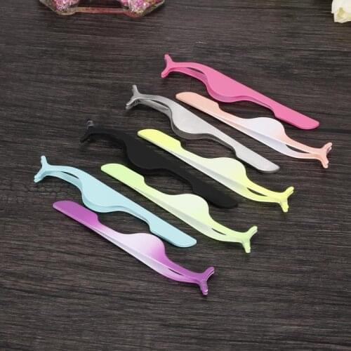 1pcs False Eyelash Tweezers T-shape Stainless Steel Extension Fake Eyelash Curler Nipper Tool Fish Tail Clip Clamp Makeup Tools