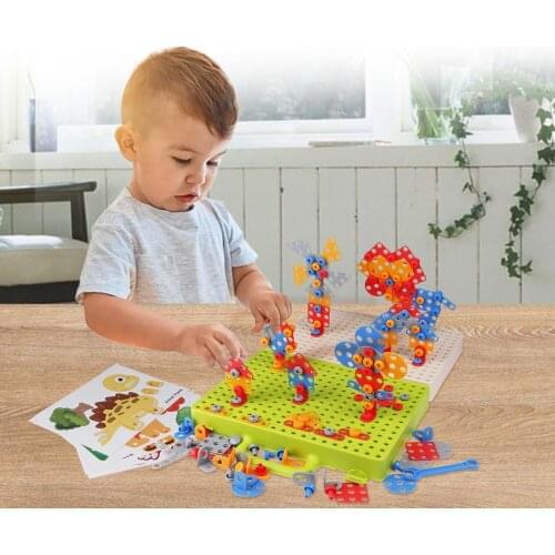332pcs Drilling Screw 3D Creative Mosaic Puzzle Toys Building Bricks Toys Kids DIY Electric Drill Set Boys Educational Toy