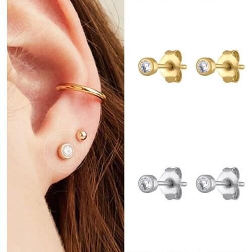 925 Silver Ear Needle Small Tiny Stud Earrings for Women Minimalist Circle Crystal Earrings Korean Fashion Jewelry Accessories