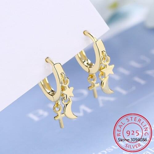 925 Sterling Silver New Woman Fashion Jewelry High Quality Simple Star Moon Cross Golden Silver Earrings