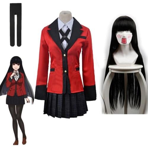 Anime Kakegurui Cosplay Jabami Yumeko Costumes Full Set Japan School Girls Uniform Jacket+Shirt+Skirt+Stockings+Tie Wig C88132AD