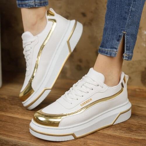 Chekich Womens & Mens Casual Shoes White - Yellow Color Artificial Leather Lace Up Casual Shoes Spring and Autumn Seasons Luxury Gold Lovers Orthopedic Sneakers Breathable Lightweight Sport Wedding Formal CH041 Women
