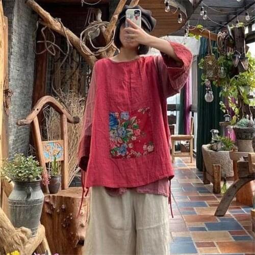 FairyNatural Ladies Sleeveless Retro Vests Red Print Floral O-Neck 2021 Spring Autumn Women Cotton Linen Belt Pullover Vest