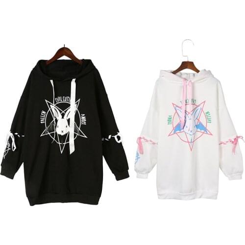 Harajuku Pentagram Print Lace Up Women Fleeces Hoodies Gothic Punk Oversize Velvet Hooded Sweatshirt Pullover Streetwear