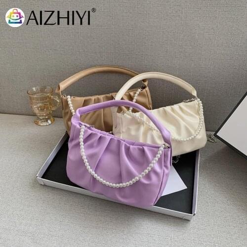 Fashion Women Pleated Pure Color Chain Pearl PU Leather Shoulder Crossbody Messenger Bag Casual Ladies Top-handle Handbag