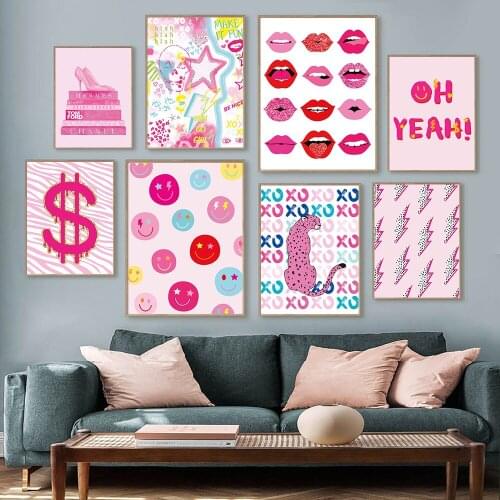 Pink Abstract Graffiti Wall Art Poster Print Picture Cheetah Lightning Lips Dollar Sign Canvas Painting Living Room Home Decor