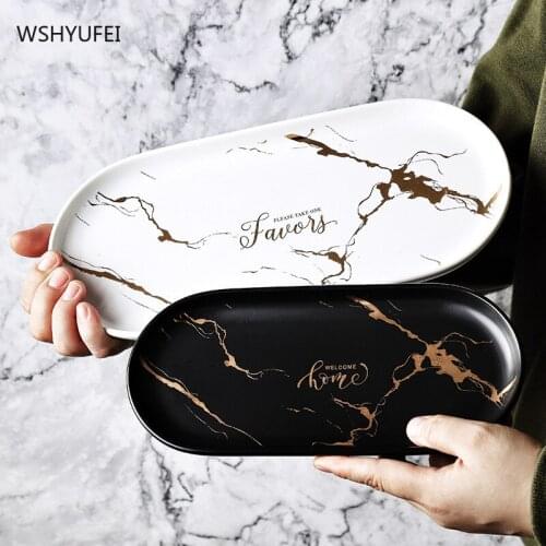 Nordic Light Luxury Marble Oval Plate Golden Pattern Western Dinner Plate Dessert Plate Jewelry Storage Plate Breakfast Plate