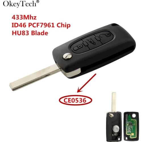Okeytech Remote Flip Folding Car Key 3 Buttons For Peugeot 207 307 407 308 607 433Mhz ID46 PCF7961 Chip CE0536 AM ASK Modulation