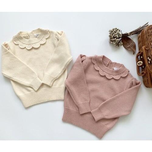 2-7 Years Toddler Girls Sweaters Childrens High Quality Sweater Casual Laciness Collar Solid Sweater For Girl Kids Clothes Tops