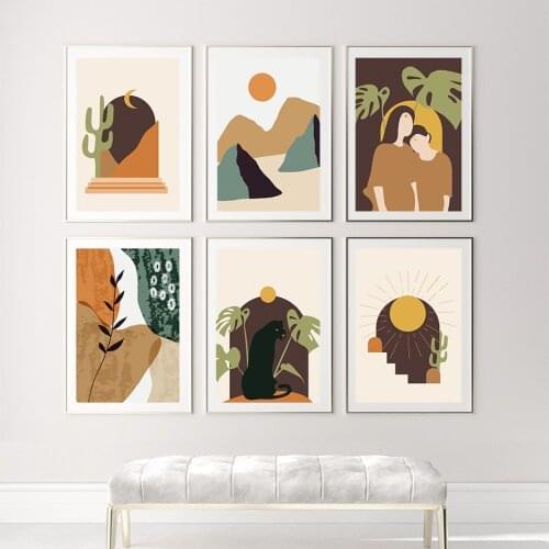 Couple Desert Cactus Black Jaguar Sunset Monstera Leaves Wall Art Minimalist Print Canvas Painting Living Room Decoration