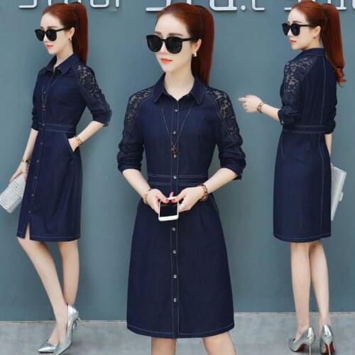 2020 New Autumn Women Denim Dress Long Sleeve Casual Loose Overalls Dresses Female Solid Lace Jeans Dress Plus Size 4XL P634