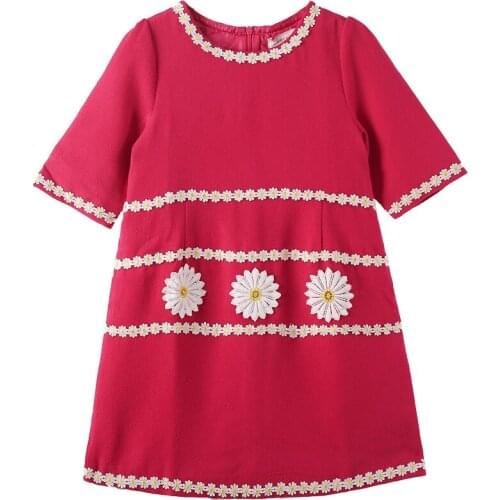 Big Girl A-line Dress Rose Red with Flower Daisy Stitched Short Sleeves Casual Home Children Outfit Size 3 5 7 9 11 Years Old