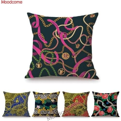 Pink Fashion Element Belt Luxury Modern Art Flower Pattern Car Pillow Sofa Throw Pillow Cover Linen Decorative Cushion Cover