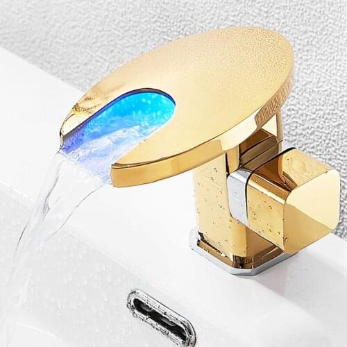 LED Basin Faucet Temperature Colors Change Bathroom Mixer Tap Deck Mounted Wash Sink Single Hole Brass Golden Faucet