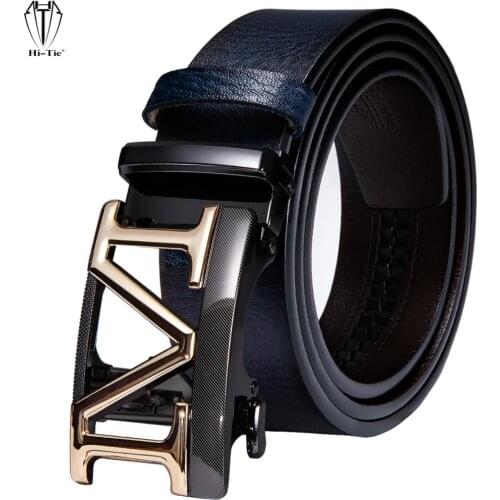 Dark Blue Genuine Leather Mens Belts Automatic Buckles Ratchet Waistband Straps for Dress Jeans Formal Casual Wedding Business