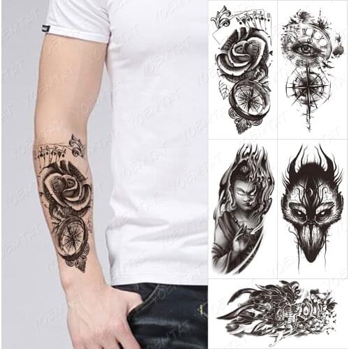 Waterproof Temporary Tattoo Sticker Poker Rose Compass Clock Tatto Arm Gun Wings Flower Body Art Arm Fake Sleeve Tatoo Women