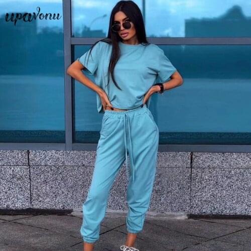 Free Shipping 2021 Women Summer Sports Pants Suit Casual Short Sleeve Loose Pullover T-shirt & Elastic Two-piece Harem Pants Set