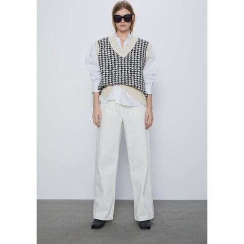 LMQ NEW Women 2020 Fashion Oversized Houndstooth Knitted Vest Sweater Vintage Sleeveless Side Vents Female Waistcoat Chic Tops