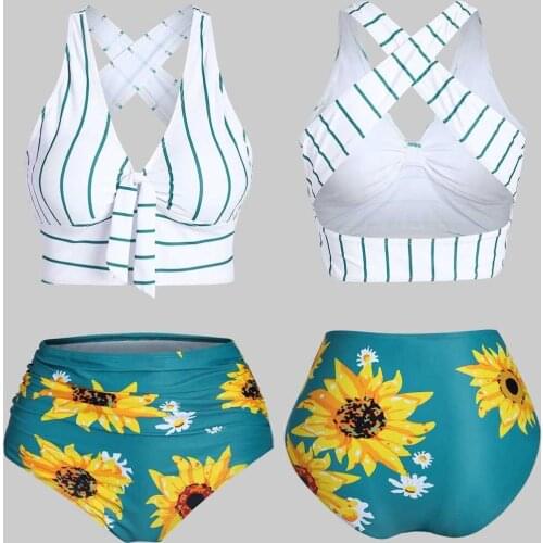 Fashion Sexy Bikini 2020 Mujer Swimwear Women Push-Up Padded Plus Size Overlay Sunflower Print Bikini Swimsuit Beachwear Tankini