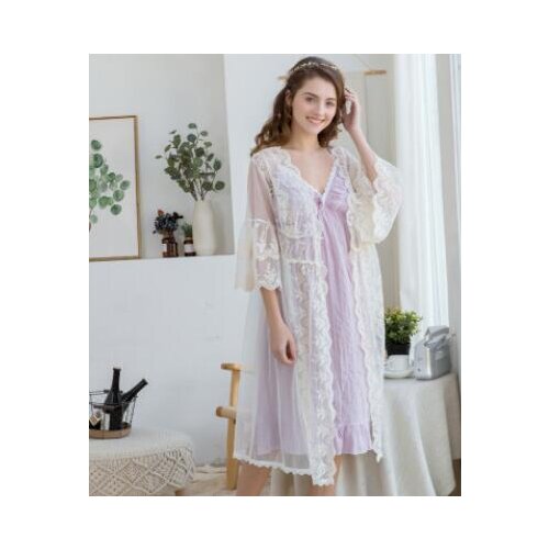 Lace Robe Long Robe Lady White Lace Embroidery Robe and Slip Two Pieces For Women Robe Sleepwear