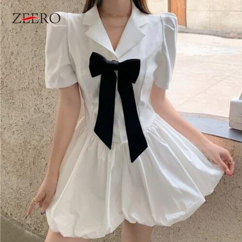 2021 Summer Korean Female Slim Short Sleeve Bow Mini Dresses for Women Suit Collar Single-breasted High Waist A-Line Puffy Dress