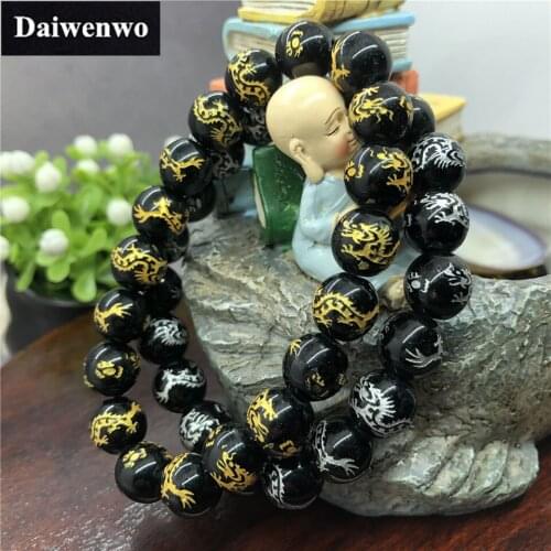 Gold Silver Dragon Beads Bracelet for Man 10/12/14mm Black Stone Charms