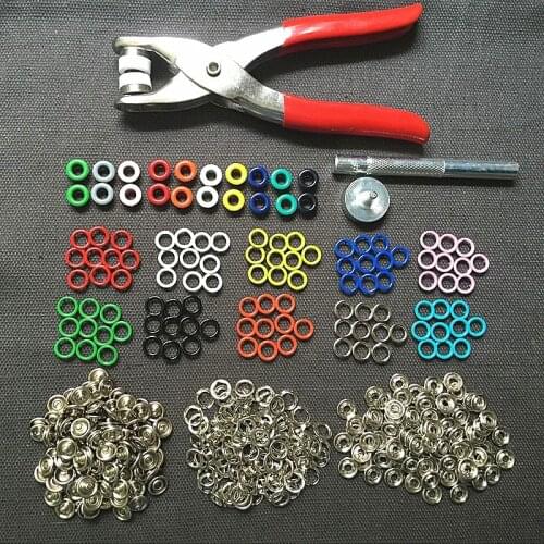 DIY Supplies 200pcs 5mm Grommets and 100sets 9.5mm Prong Snap Buttons Press Studs Poppers and 1set Eyelets Tool and 1pc Plier