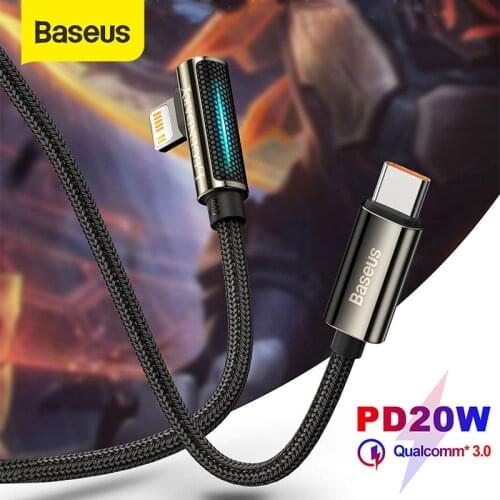 Baseus LED 20W PD USB Type C Cable 90 Degree Fast Charging Charger for iPhone 12 11 Pro Max XR Mobile Phone Data Wire Cord