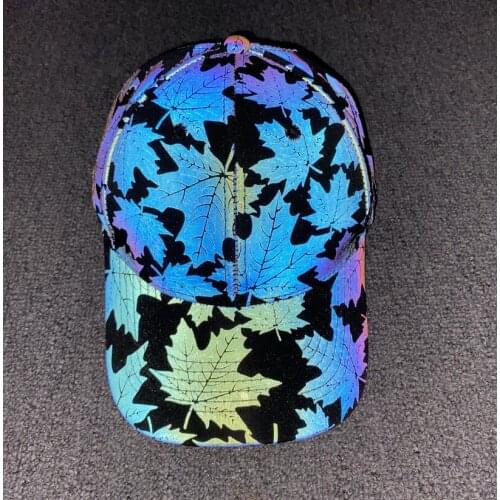 Drop shipping maple leaf colorful reflective cap men women hip hop baseball cap snapback adjustable fashion dance reflective hat