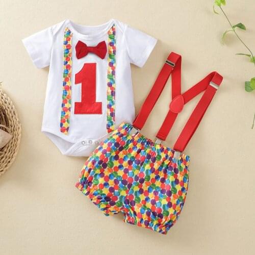 TELOTUNY Clothing sets Infant Baby Boy Dot Bowtie Romper Bodysuit Suspender Short First Birthday Outfit infant Straps Set