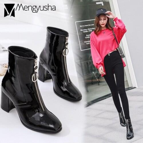 France Hot Big Zipper Winter Boots Woman Brand Japanned Leather Boots Thick High Heels Ankle Botas Front Zip Motorcycle Botines
