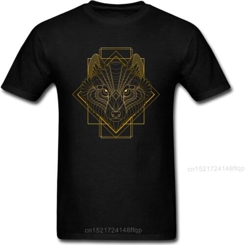 Art Of The Wolf Summer Fashion Men Black T-shirt Cotton Breathable Animal Tattoo Gold Geometric Pattern Design Tshirt
