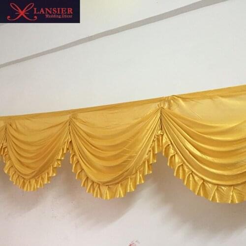 Hot sale 6 meter length ice silk gold swag with ruffle for 3x6m Wedding Backdrop swags event party decoration table skirts