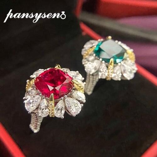PANSYSEN 8ct Emerald Ruby Simulate Moissanite Gemstone 925 Sterling Silver Finger Rings for Women Wedding Cocktail Party Ring