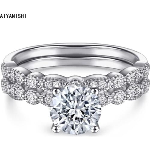 AIYANISHI Luxury Real 925 Sterling Silver Round Cut Wedding Ring Set For Women Engagement Band Ring Sets Jewelry Party Gifts