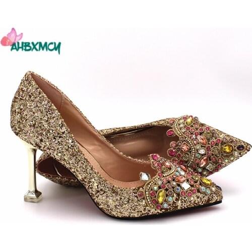 Pretty Women New Deisgn Shoes with Shinning Crystal High Quality African Ladies Shoes in Golden Color for Wedding Party