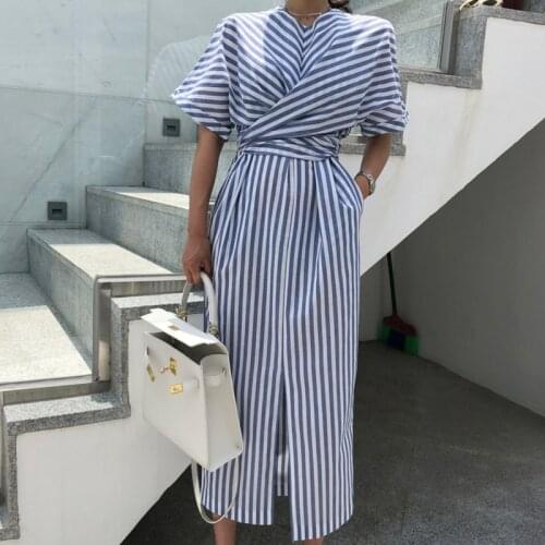 Paris Girl Korean Women Summer Cotton Blue Striped Bandage Split Long Dress Female Long Bodycon Plus Size Vestido Robe Femme