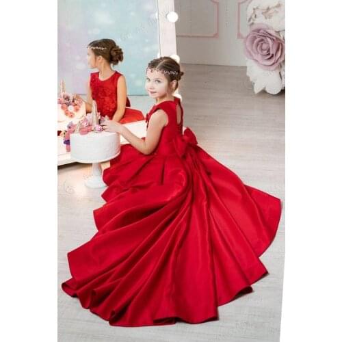 Sweep train sleeveless bow back red girls birthday party dresses a line gowns girls celebration pageant red dresses custom