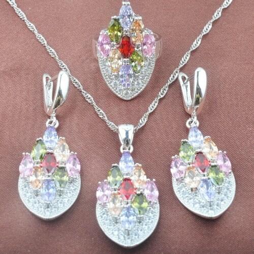 Luxurious Multicolor Cubic Zirconia Silver Color Dubai Jewelry Set For Women Costume Ring Necklace And Earrings Set YZ0590