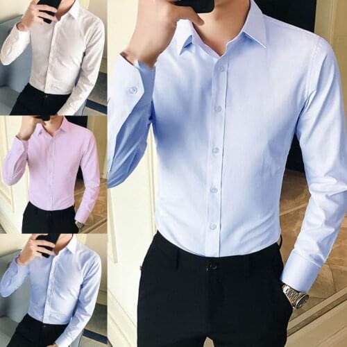 2021 Long Sleeve Shirt New Men Fashion Business Dress Shirt Solid Suit Set Lapel Formal Summer Buttons Shirt for Dating Casual