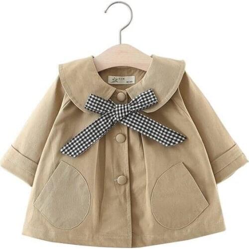 Girls spring Outwear Trench plaid bow tie baby kids fashion turn-down collar coats kids Solid color long sleeve jackets clothes
