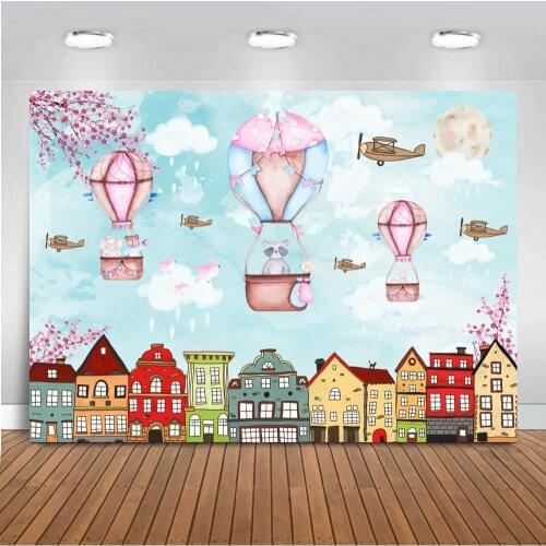 Hot Air Balloons Elephant Fly Over City Buildings Photo Backgrounds Newborn Baby Shower Girl Birthday Cake Talbe Backdrops Vinyl