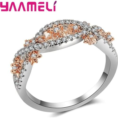 Top Quality 925 Sterling Silver Ring With Rose Gold Flower Pave Austrian Crystals Rings for Women Wholesale