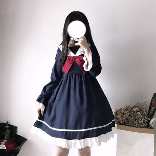 Japanese Harajuku Long Sleeves Doll Dress Fairy Vestidos Alice In Wondeland Cute Women Lolita OP Dress Flouncing Lace Trim