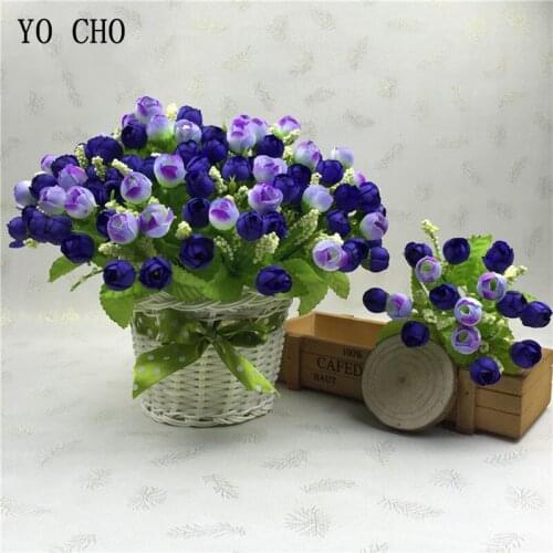 YO CHO Artificial Flower 15 Heads Silk Tea Rose Buds Wedding Bridesmaid Mini Bouquet Pink Purple Home Party Garden Wedding Decor