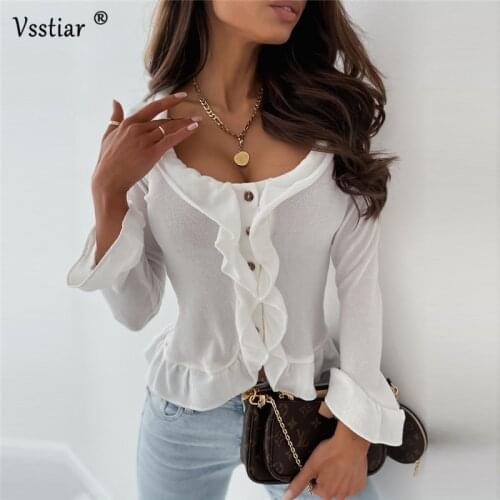 Sexy Ruffles White T-Shirt 2021 Spring Long Sleeve Women Skinny Shirts Plus Size New Fashion Button Knitted Elegant Crop Top