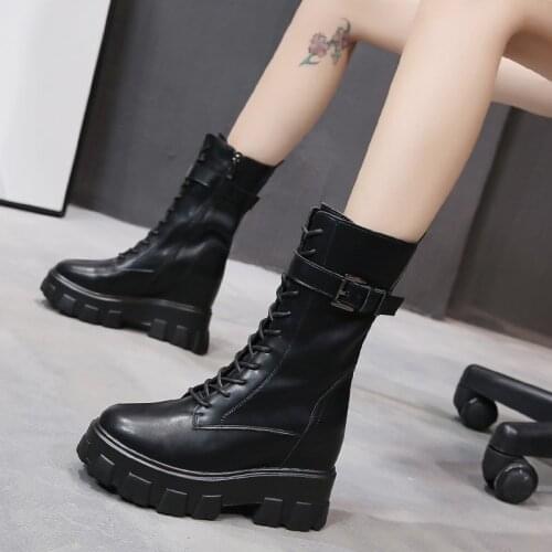 2021 New Punk shoes Womens Ankle Shoes Platform Shoes Women black PU Boots Cool Ladie Women Boots Black Internal elevation Boot