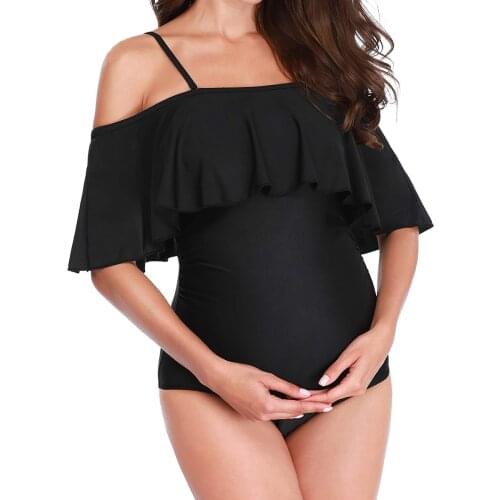 Women Maternity Swimwear Pregnant Women One Piece Swimsuit Solid Bikinis Pregnancy Swimsuit Beachwear Ruffles Bathing Suit