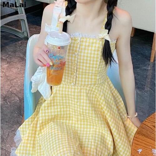Sexy Party Kawaii Mini Dress Bow Lace-up Backless Pretty Sundress Summer Women 2021 Korean Fashion Sweet Cute Yellow Plaid Dress